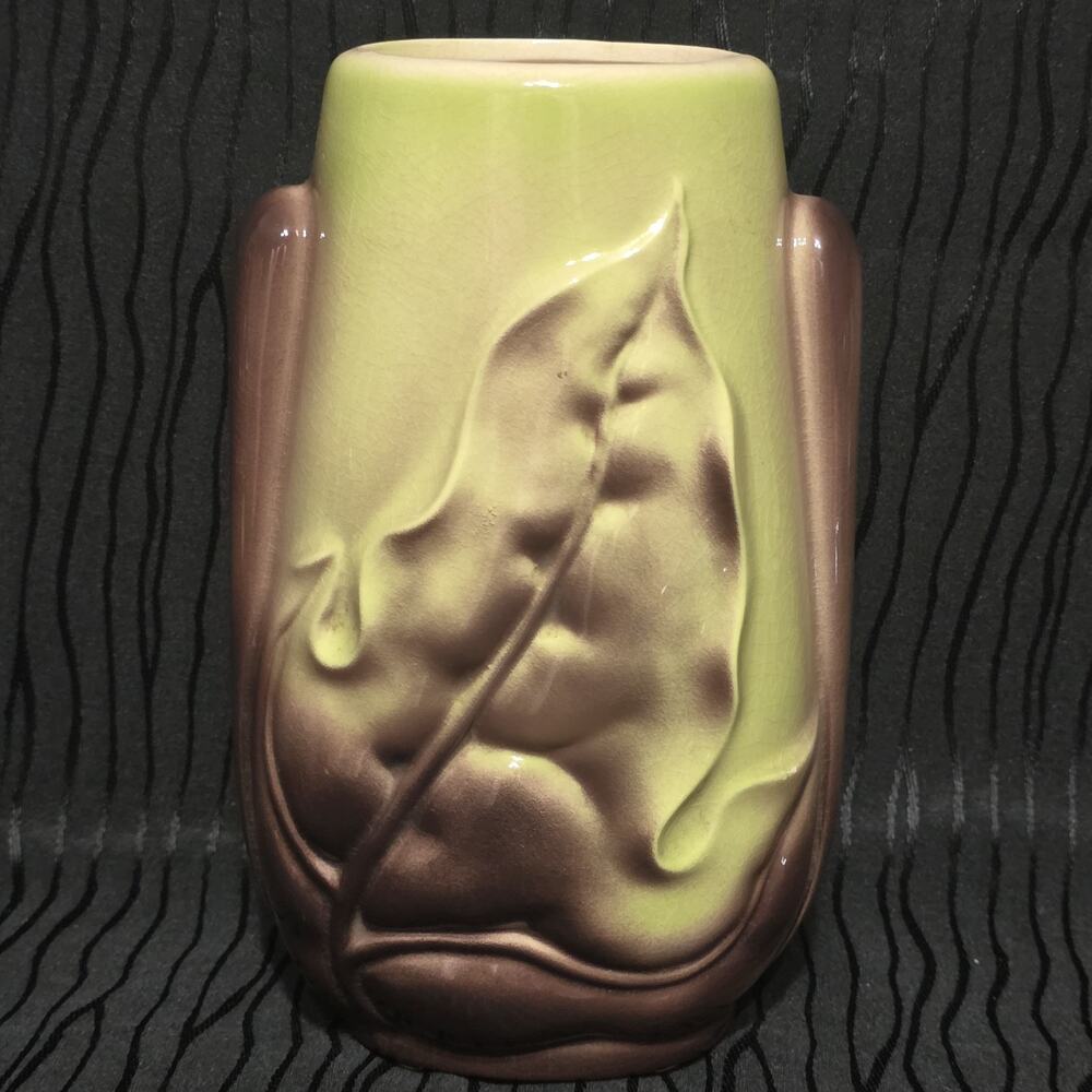 Vintage Royal Copley Harmony Vase Chartreuse Brown Drip Glaze Leaf 8in Tall